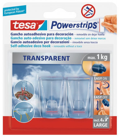 Tesa Powerstrips LARGE Crochets Déco Transparents Larges