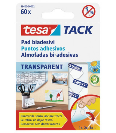 Tesa TACK transparent sind doppelseitige Klebepads zum sauberen Befestigen von leichten Objekten