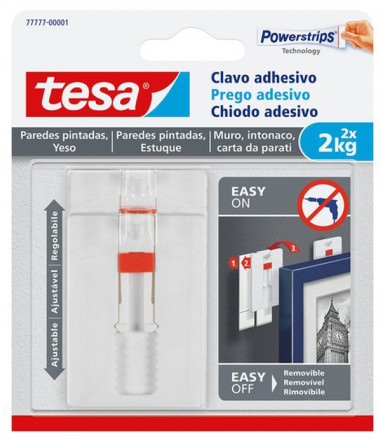 Tesa Clavo adhesivo ajustable blanco para paredes pintadas y yeso 2 kg