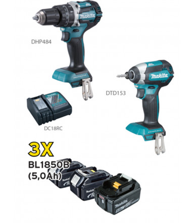 Makita Kit combo Akku-Bohrschrauber mit Schlagzeug - kombiniert Bohrhammer - 4 Batterie 5Ah Makita DLX2137PTJ