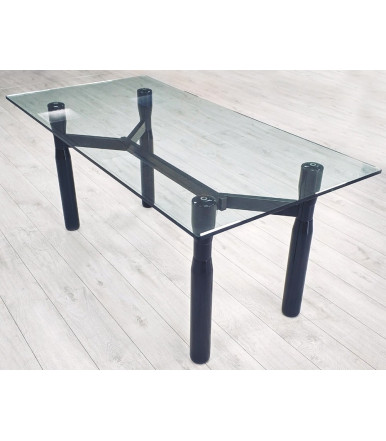 Table en verre transparent avec pieds en bois