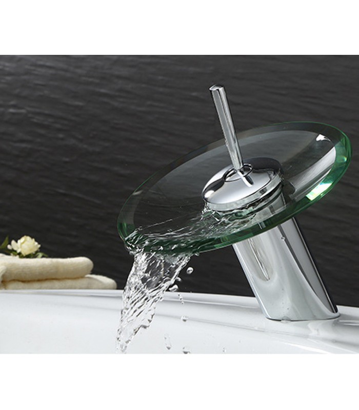 Round Waterfall Lever Sink Mixer In Chromed Brass And Glass