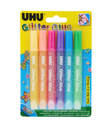 UHU Glitter Glue shiny - pegamento brillante de colores en blister de 6x10ml