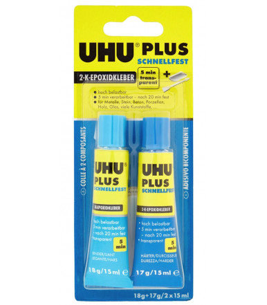 Adesivo epossidico bicomponente rapido UhU PLUS Schnellfest 5 minuti blister 2x15ml