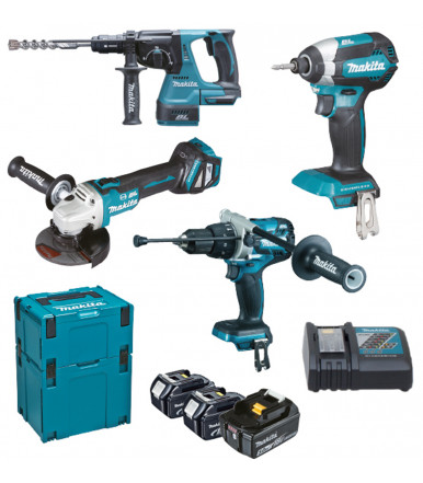 Kit combo Cordless Ham. Dr. Dr. + Imp. Driver + Ang. Grinder and Rotary Ham. 3 batteries 5Ah Makita DLX4104TJ1