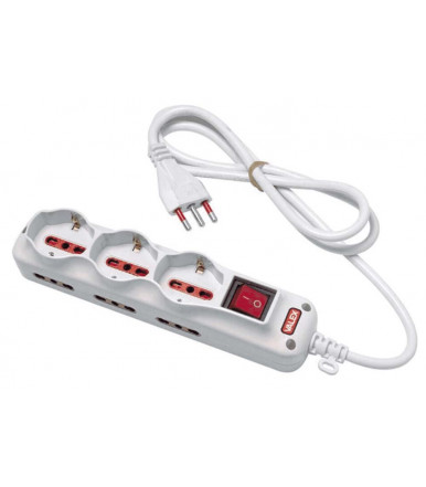 White universal power strip 9 places, 3 universal sockets + 6 side bypass sockets