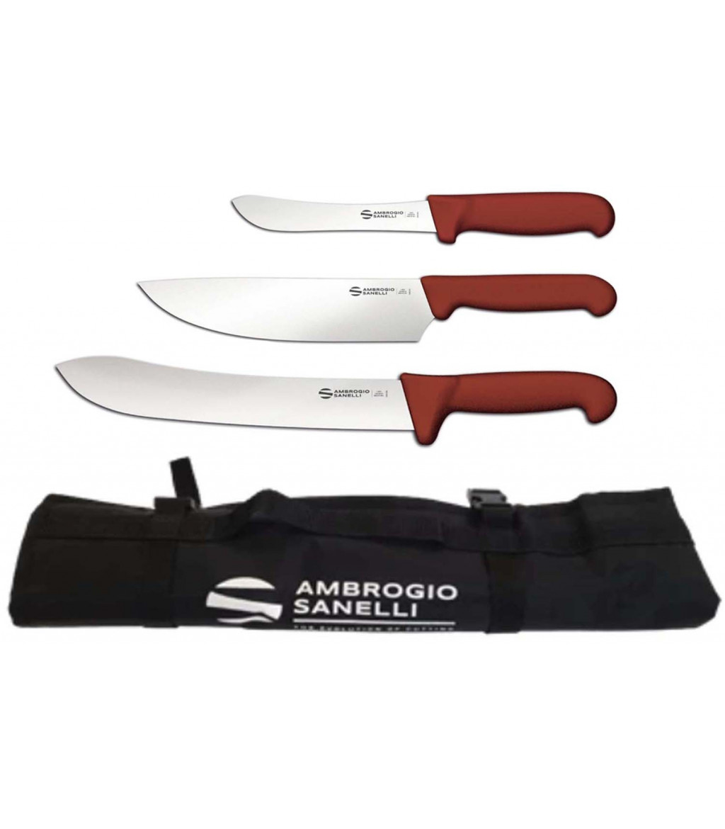 Set 3 coltelli BBQ professionali per carne e rotolo portacoltelli Ambrogio  Sanelli