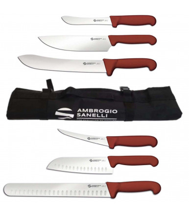 Juego 6 cuchillos BBQ profesional y rollo de cuchillos Ambrogio Sanelli