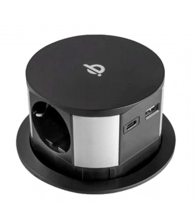 Black compact extractable tower with Schuko, USB and wireless charging