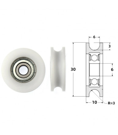 Nylon wheel round the throat Ø 30 mm 6 mm hole