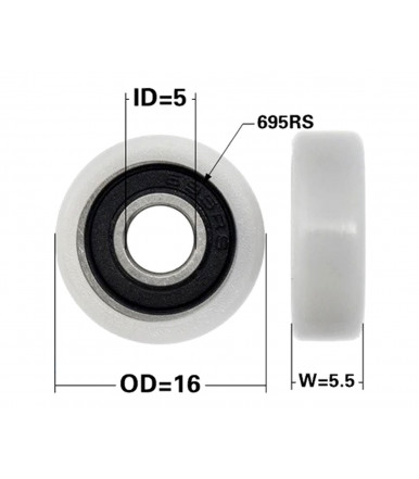 Nylon wheel Ø 16 mm with flat type bearing