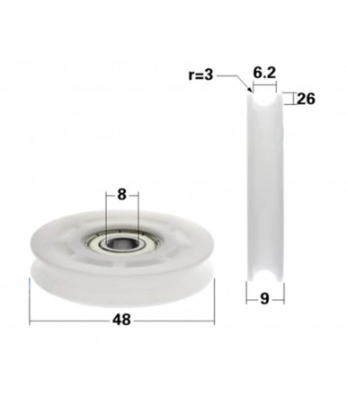 Nylon wheel with bearing and round groove Ø 48 mm