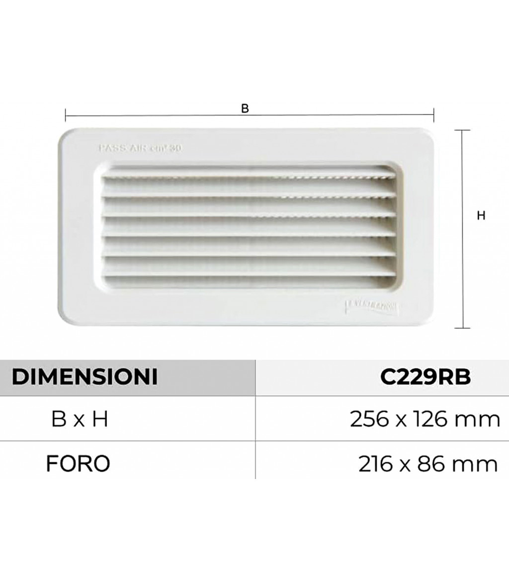 Griglia di ventilazione in ABS rettangolare 256x126 mm C229RB bianca