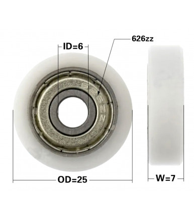 Nylon wheel Ø 25 mm with flat type bearing