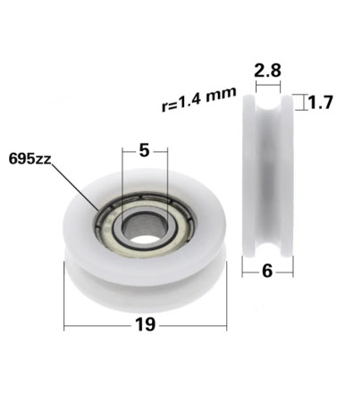 Nylon wheel round the throat Ø 19 mm