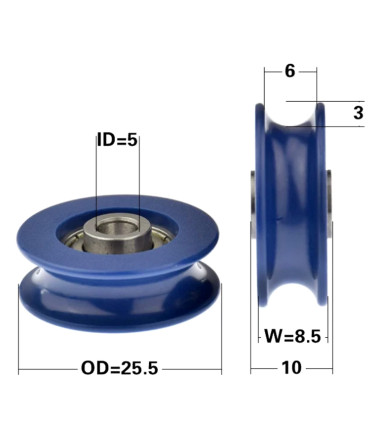 Blaues Nylonrad mit Lager und runder konkaver Nut Ø 25 mm
