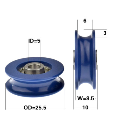 Blue nylon wheel with bearing and round concave groove Ø 25 mm