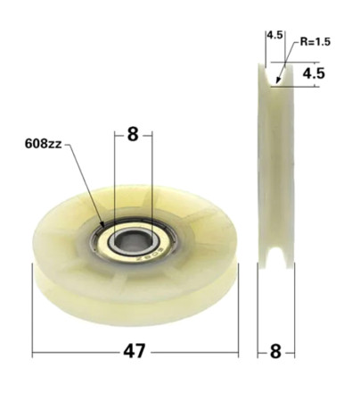Rueda de nailon con rodamiento y ranura redonda Ø 47 mm