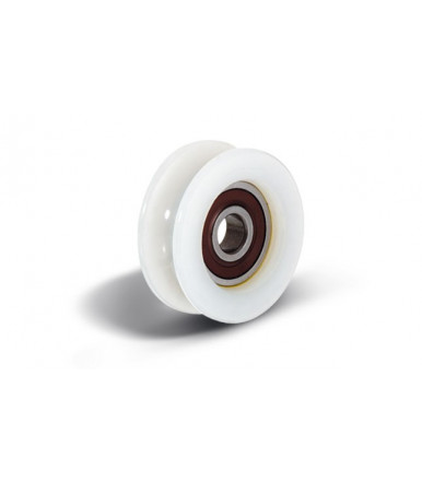 Nylon wheel with bearing, 50 mm with 12 mm round groove, 18 mm thickness, hole 10 mm 518ON